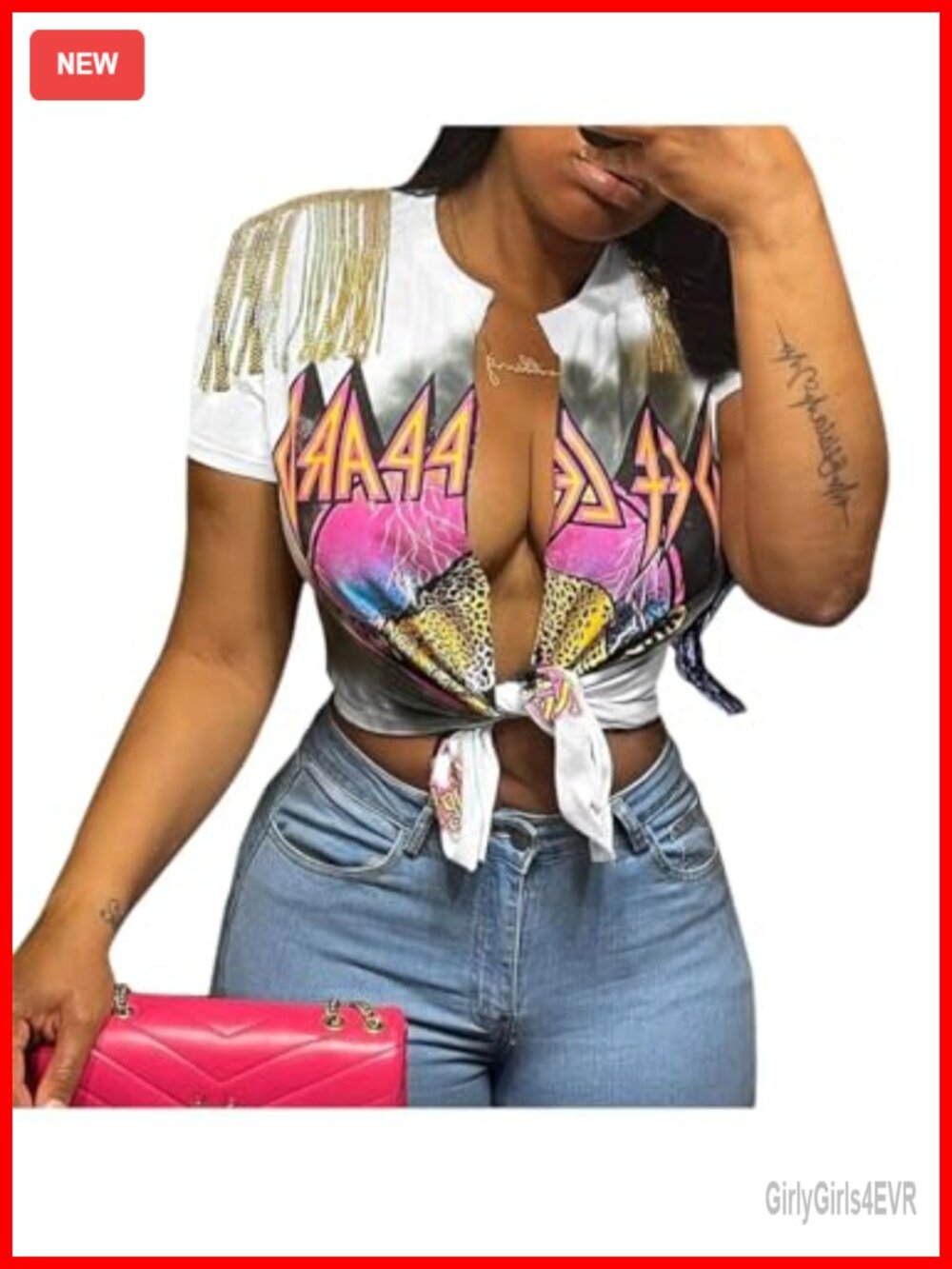 Women's Sexy Graphic Crop Top Tie Up Front Deep V Neck Short Sleeve